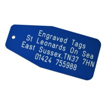 Blue with white text & number tag, 100mm x 47mm
